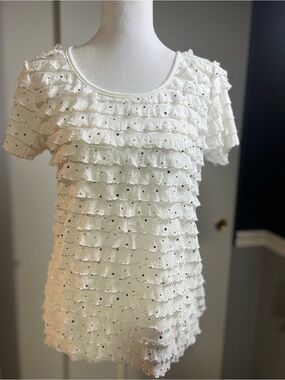 Agenda White Ruffled Eyelet Short Sleeve Top